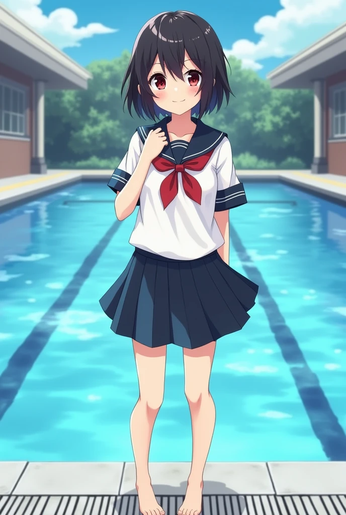 Standing by the empty school pool、high school girl、Black short hair、uniform、skirt,Deep red eyes、barefoot、cute、smile、Full body portrait