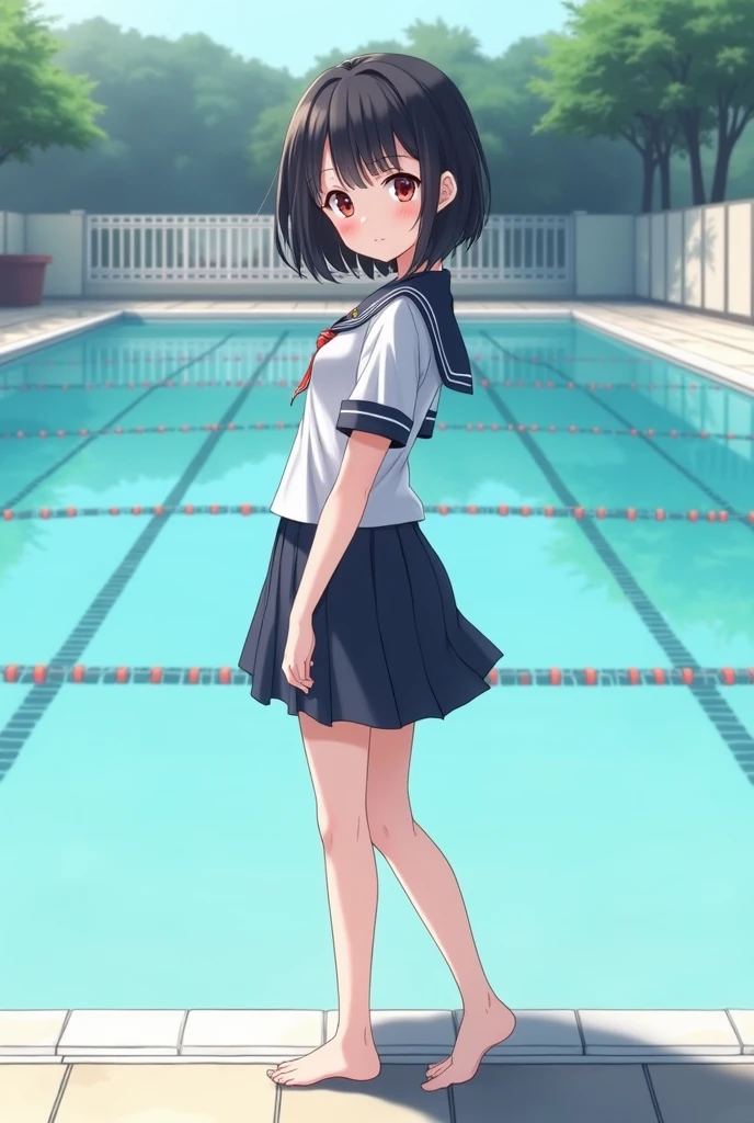 Standing by the empty school pool、high school girl、Black short hair、uniform、skirt,Deep red eyes、barefoot、cute、smile、Full body portrait