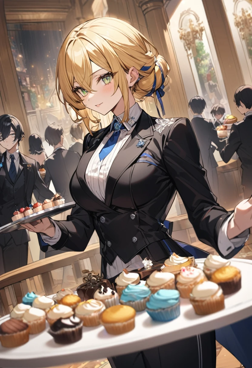 Woman, yellow hair, greeneyes, black butler outfit, black pants, a blue tie, breasts big, holding a tray of cupcakes, a party in the background, serving the guests, perfect guests, detailed back ground, work of art, face perfect, perfect hands, very detailed clothing