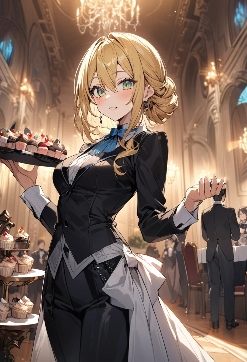 Woman, yellow hair, greeneyes, black butler outfit, black pants, a blue tie, breasts big, holding a tray of cupcakes, a party in the background, serving the guests, perfect guests, detailed back ground, work of art, face perfect, perfect hands, very detailed clothing