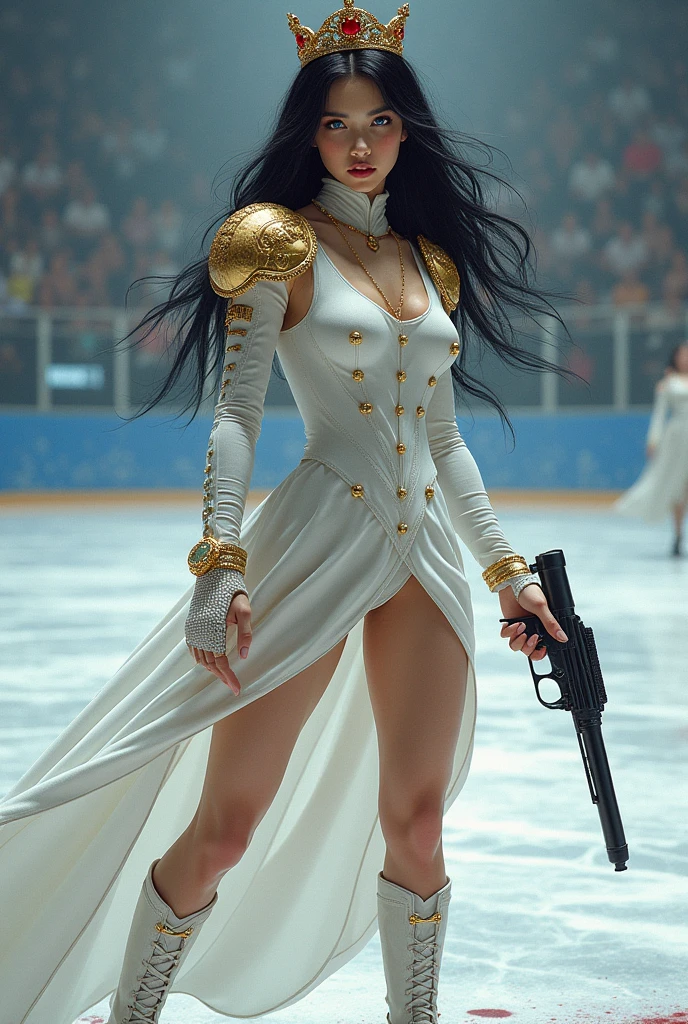 1 girl, piercing gaze, long black hair, blue eyes, white skin, on an ice skating rink in a tight-fitting, silver-white dress-like mesh , short, martial type, which has six pairs of gold buttons, the neck is high, The long sleeves and shiny gold shoulder pads, with a gold watch on his wrist, with diamond-encrusted skates on the boot with a large trophy on the ice floor and a marakov gun in her hand with blood splatters and shiny ice skates full body with a goddess aura and with a crown with red stones on her head shiny skates
