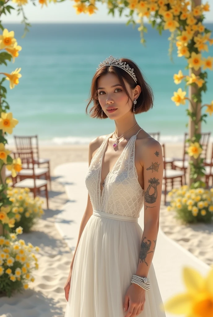 A white woman in her 30s, with short brown hair, and brown eyes. He has several small tattoos of the character &#39;The Little Prince&#39; visible on his arms. She is wearing a white wedding dress with a subtle duck print., Elegant cut and modern style. She wears a delicate silver diadem on her head., round silver hoops in her ears, a necklace with a pink stone in the center, Swarovski crystal bracelets on both wrists, and a wedding ring on his left hand. He is standing on an empty beach, with several chairs lined up behind her. The stage is decorated with yellow daffodils and lisianthus flowers. (Stomata) whites, that add a fresh and vibrant touch to the environment