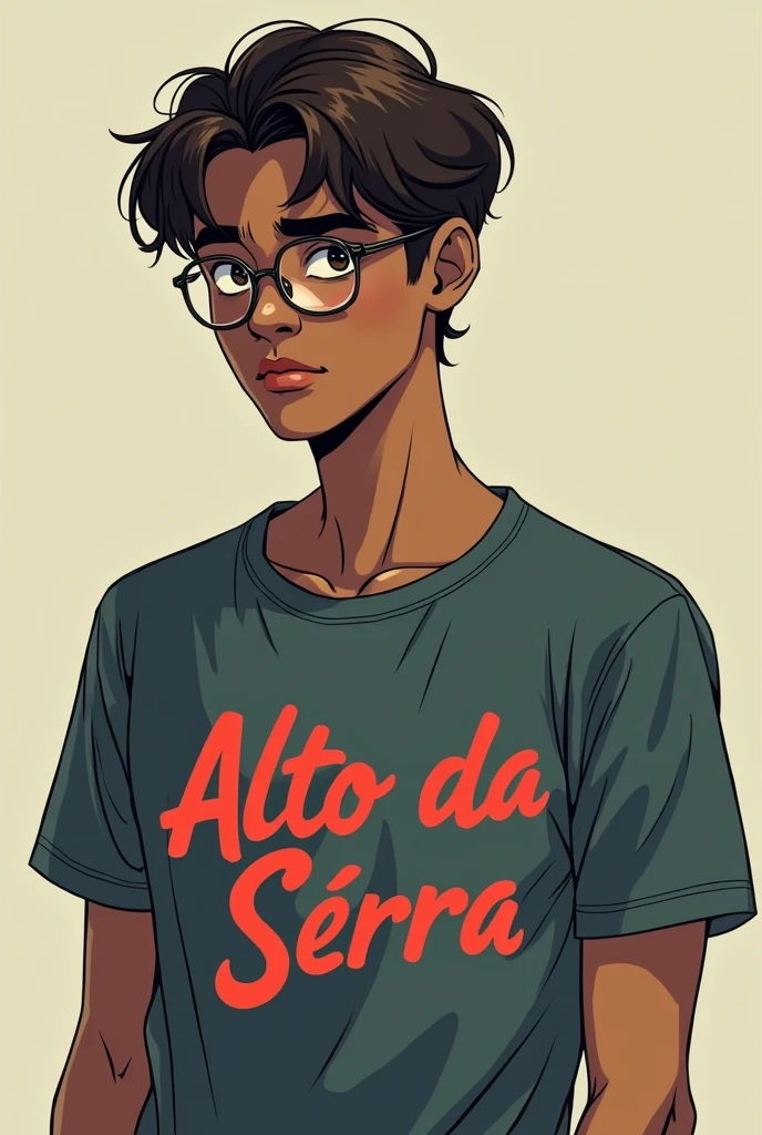 20-year-old brown man with a mysterious expression, older details on your face, half finished with a sleepy face always, medium dark brown hair, twink, thin and sedentary wearing glasses and looking like a nerd, It has a kind of dark academia style, Full-body image, with a summer camp t-shirt that says Alto da Serra in red,no back ground, dc comic art style