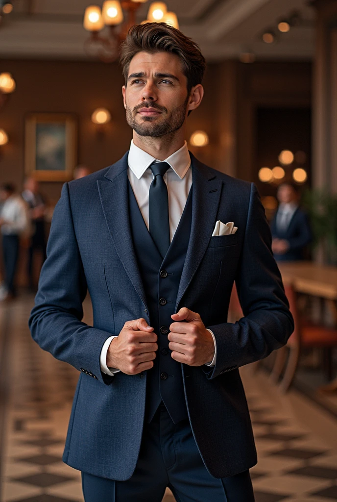 Utiliser l'image que j'ai sélectionné pour générer une affiche sur la publicité de vente de costumes avec comme texte " choisissez ing achats et vous serez bien habillé