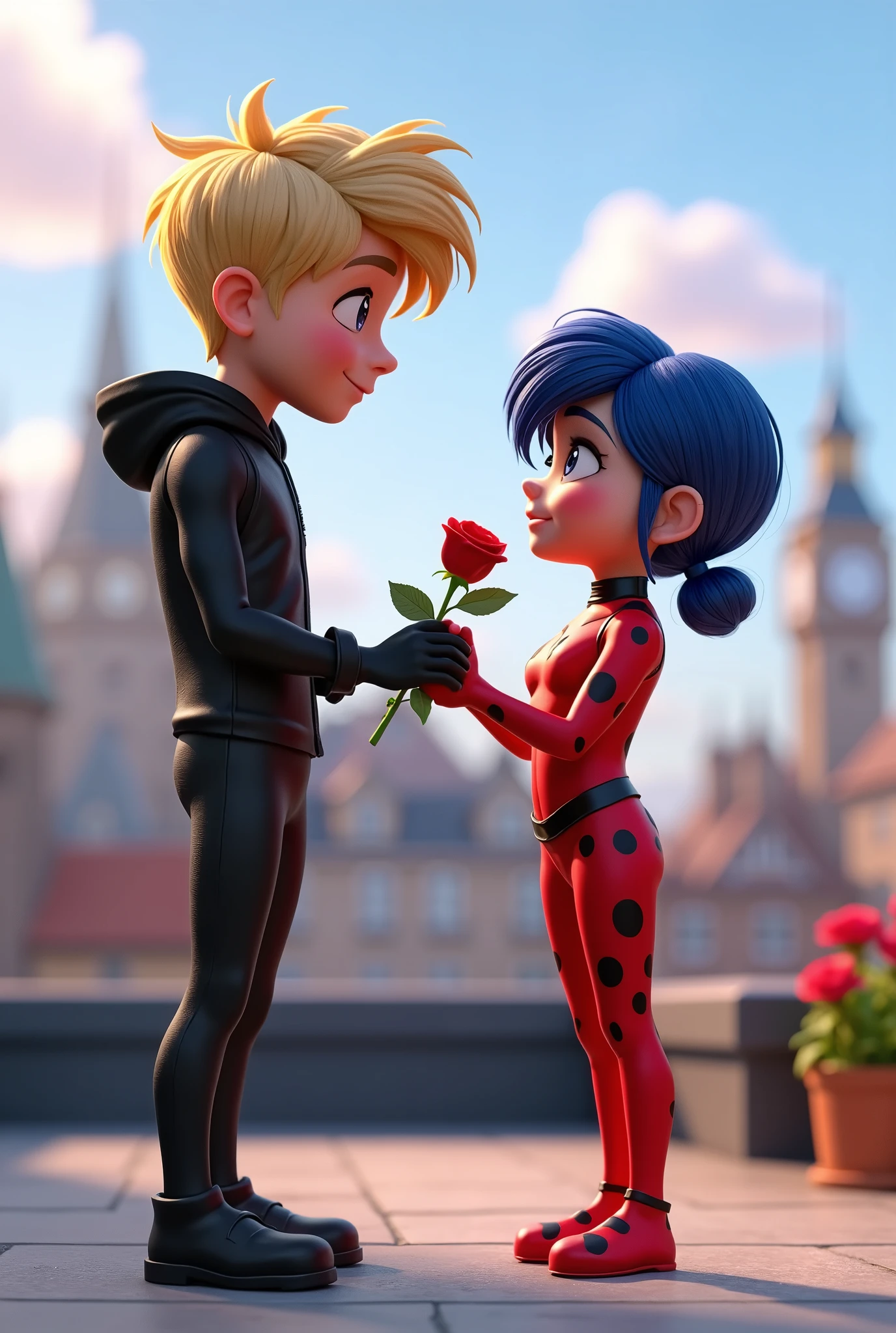 Ladybug (Marinette),teenage girl, blue_hair_color,pigtails_hairstyle,short_hair,wearing her red and black-spotted superhero suit, Depict Cat Noir (Adrien),teenage boy,blond_hairstyle,The young boy is a little taller than the young girl, the two are standing on a rooftop, the young boy gives the young girl a rose,full_body,_3d animation,disney inspiration,high quality image,8k