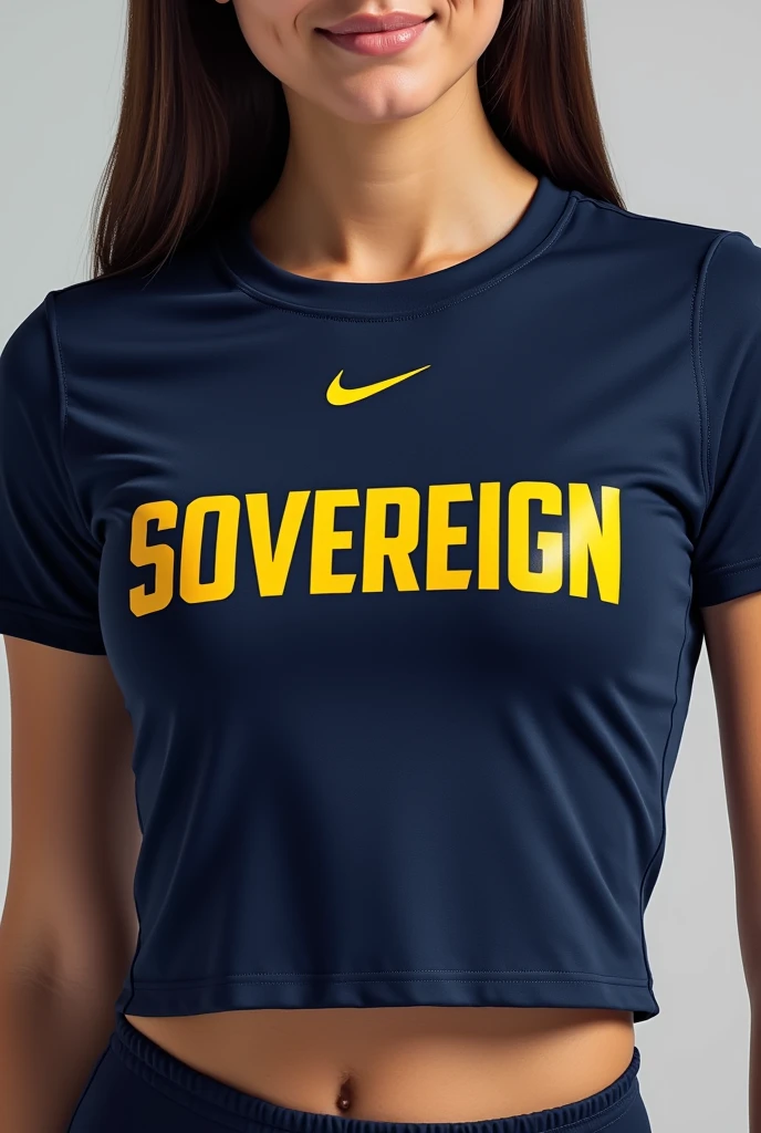 Women's cropped top in navy blue with yellow letters for an academic dentistry team called Sovereign