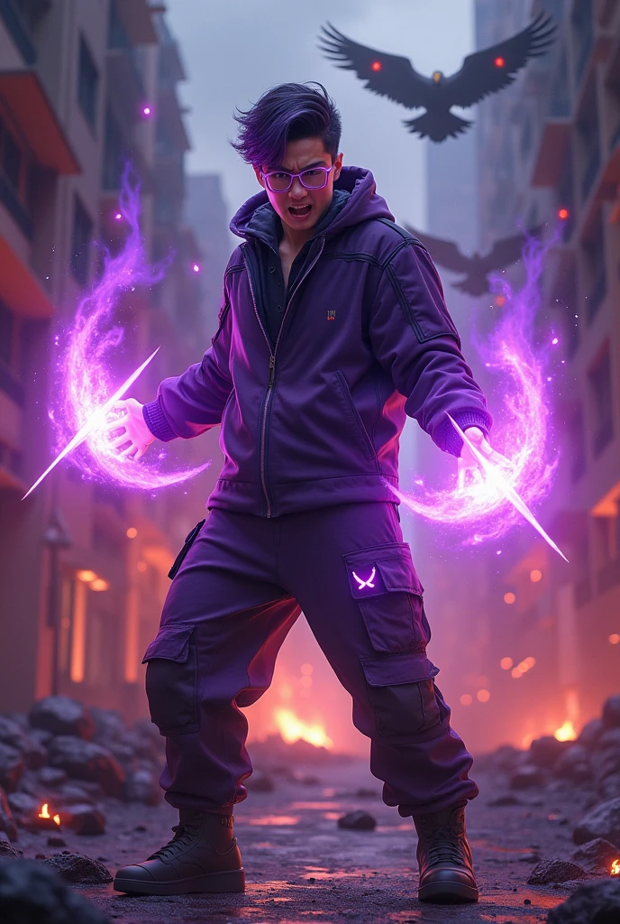 a man real teenage chinese man.(purple glasses) sharp eyes. Anger face. Open mouth. . wearing an (dark purple )((future shirt cyberpunk dress urple)) . anger face.wavy hairstyle purple. Dramatic.. stand on lava ,(dark purple)street wear .cargo pant,, detailed face, cinematic lighting, dramatic atmosphere,.hot day. vibrant colors, 8k, high quality, photorealistic. Hero suit.shadow power dark power from his hand. Glowing magic element shadow elment from hand, ember everywhere . Glowing dark purple, shadow logo design on pant . Very strong. Future design dress. Very epic. Very hot background.. dark sky. Very strong . fire very strong . Flying burn dry leave everywhere..Shadow Imitation sharp shape power from hand .rasengan . at volcano Damage building. Floating small rock everywhere. Shadow Imitation Technique.(( shadow eagle background red eyes))