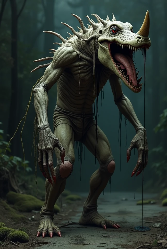 A man fused with a wendigo, crocodile skeleton with rhinoceros horn, bald tree roots, xolo dog skin and sewn like Frankenstein and sewing black saliva from his mouth and empty sockets, his mouth opens to disturbing levels And it's terrifying: in the dark, his eyes shine like cats smiling in a macabre way in the dark 