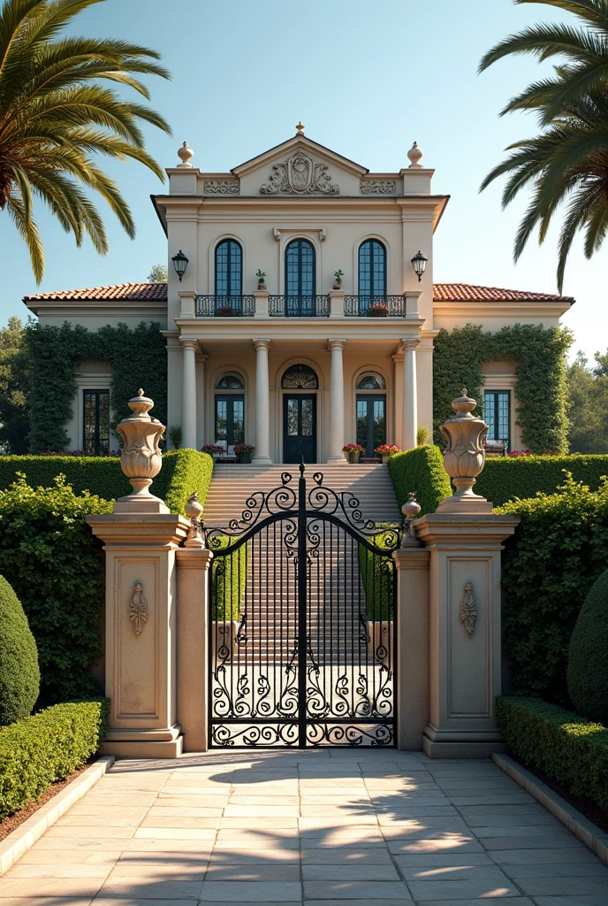 (masterpiece:1.2, Highest quality, Ultra-high resolution, Very detailed, Realistic, RAW Photos:1.2, Elaborate photos), 8k, wallpaper, (Ray Tracing), French Riviera mansion, (Classic French architecture, Grand entrance with a sweeping staircase, Ornate wrought-iron gates, Symmetrical design, Lush gardens with manicured hedges, Stone statues and fountains, Mediterranean Sea in the background), A photo that captures the opulence and elegance of the mansion’s exterior, with intricate details like blooming flower beds, climbing ivy, and wrought-iron balconies enhancing the scene.