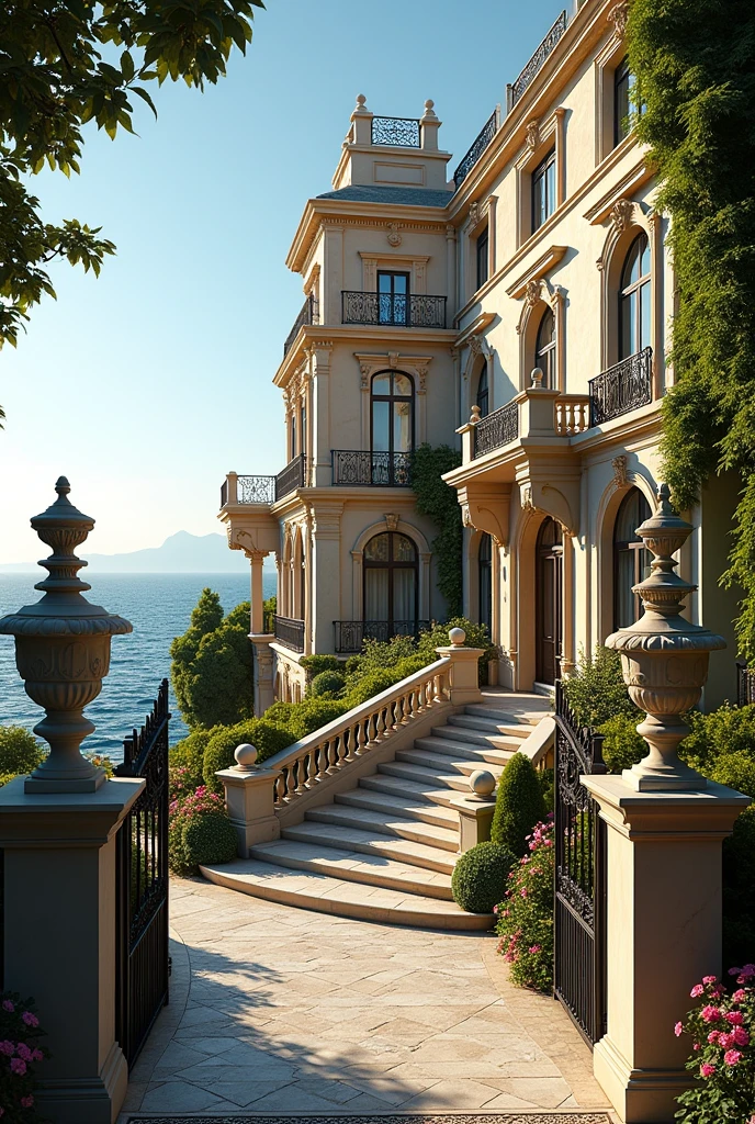 (masterpiece:1.2, Highest quality, Ultra-high resolution, Very detailed, Realistic, RAW Photos:1.2, Elaborate photos), 8k, wallpaper, (Ray Tracing), French Riviera mansion, (Classic French architecture, Grand entrance with a sweeping staircase, Ornate wrought-iron gates, Symmetrical design, Lush gardens with manicured hedges, Stone statues and fountains, Mediterranean Sea in the background), A photo that captures the opulence and elegance of the mansion’s exterior, with intricate details like blooming flower beds, climbing ivy, and wrought-iron balconies enhancing the scene.
