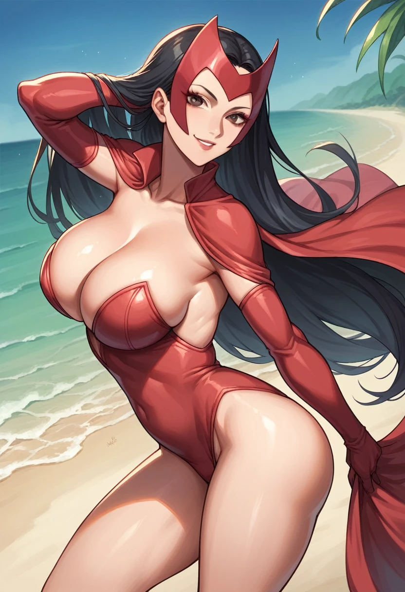 source_anime, best quality, clear face, Boa hanckock, black hair, Brown eyes, long hair, large breasts, perfect body, looking at viewer, smile, scarlet witch from Marvel uniform, sexy, in the beach, standing, dynamic angle, from behind, big ass