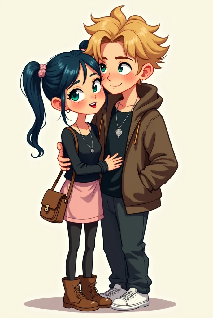 Tall teenage girl with navy blue hair tied in two low pigtails, green eyes, pale skin with freckles on the face, usa una black long sleeve t-shirt y cuello v, silver pendant, pale pink skirt, black stockings brown boots,a light brown cardigan sweater and light brown crossbody bag kissing tall teenage boy with messy blonde hair, black long sleeve t-shirt, somewhat baggy black pants, white tennis shoes and dark brown coat, caricature style