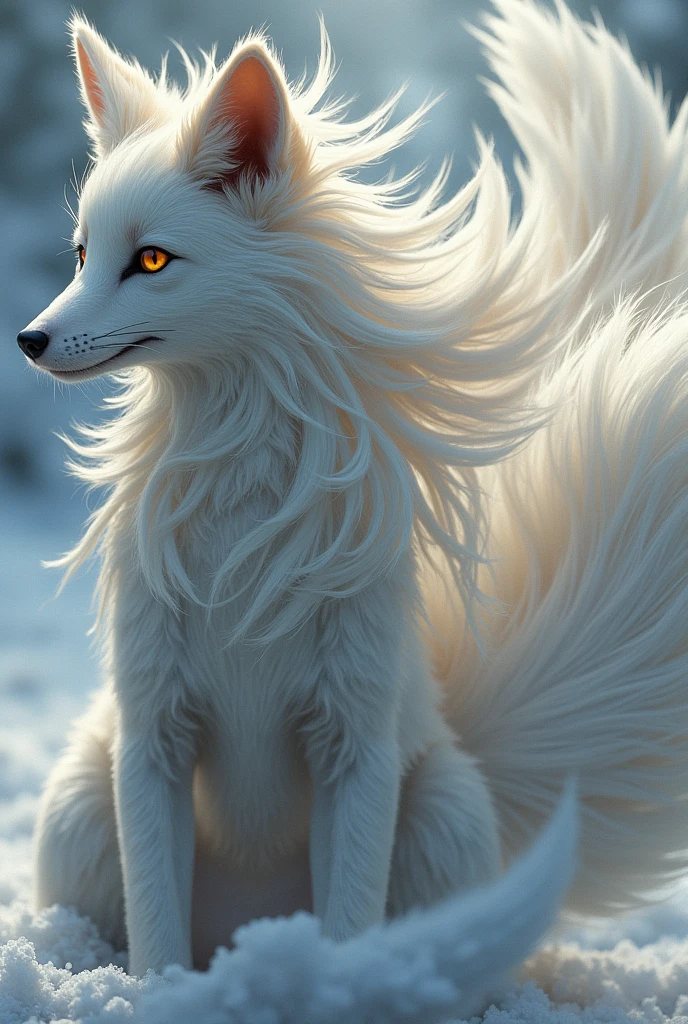 Female Fox girl with silver hair , bright goden eyes , she has nine tails that flows dramatically around her, creating a sense of movement and grace