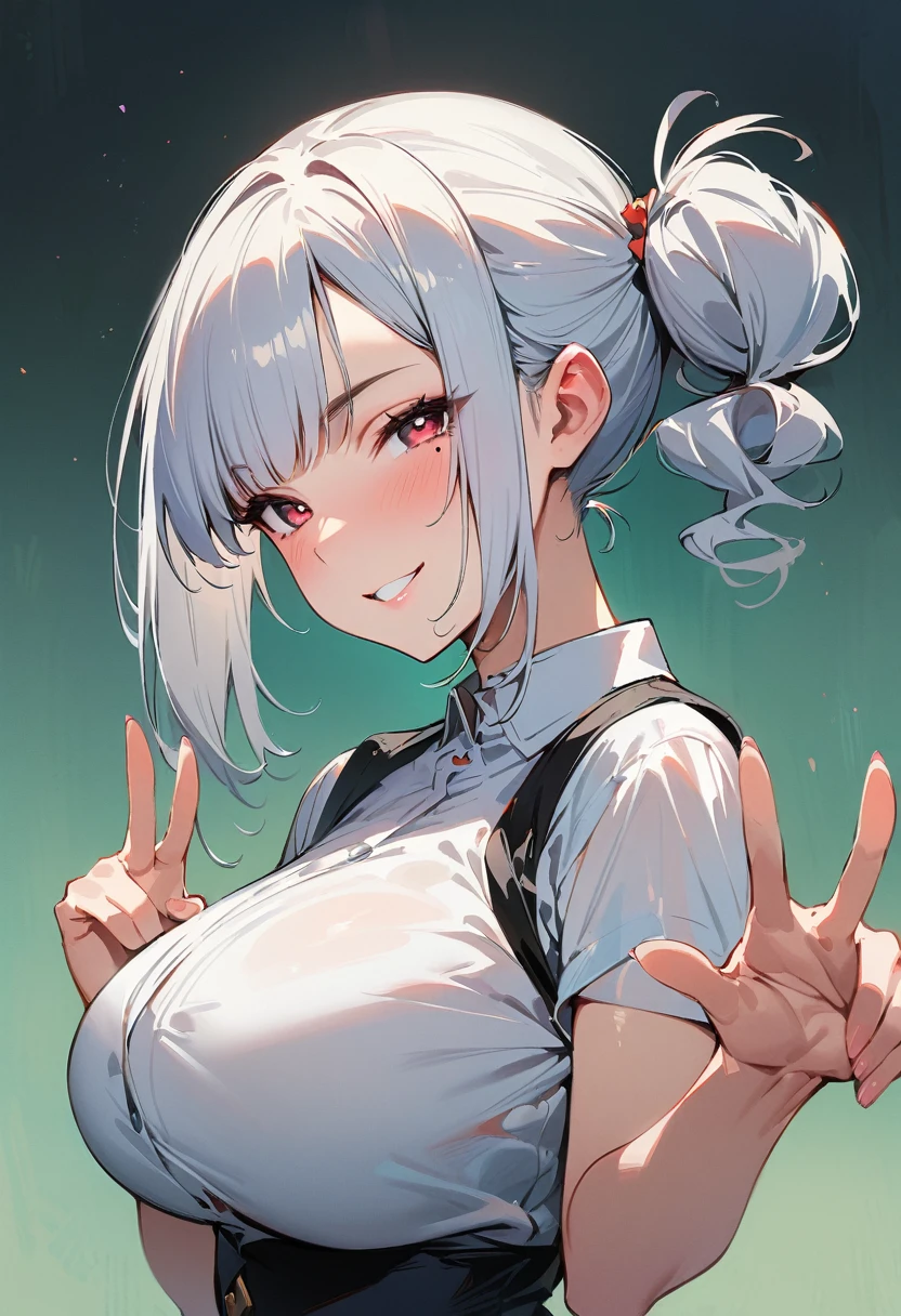 (masterpiece, best quality:1.4), 1 girl, 独奏, Heart-shaped pupils, Blurred eyes, Close your left eye, Smile, Profile,45° head tilt, Fox gesture, Right tear mole, (Double ponytail hairstyle:1.2), large breasts, Mini Girls, Vest, Black and white gradient background.