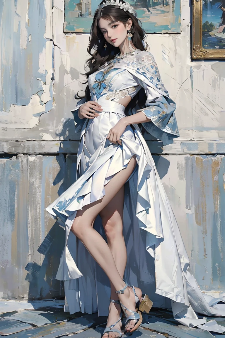(masterpiece:1.3, best quality), (magazine cover), (elegant and serene Magazine cover with a Mediterranean feel), intricate and detailed paintings, Renaissance art style, graceful, sophisticated, high-fashion, delicate, poised, captivating, Featured [Your Chosen Model Name], a captivating figure with an air of elegance and serenity, ((Renowned for her timeless beauty)), embodies the essence of Mediterranean Grace, ((She is a vision of tranquility and refinement)), ((Her physique is the epitome of classical beauty)), ((dedicated to elegance and subtlety)), (((a soft and fair skin tone))), (Her hair is styled in loose waves, cascading gracefully down her back), (Her eyes are gentle and serene, reflecting the calm of the Mediterranean), ((a physique with soft, elegant features)), ((a presence that evokes both tranquility and sophistication)), (((She is wearing a flowing, blue and white gown with intricate pleats, designed to evoke the beauty of Mediterranean landscapes))), (((paired with delicate sandals that add a touch of lightness))), She accessorizes with a silver necklace and earrings, detailed with intricate Mediterranean patterns, further enhancing her serene presence, ((with elegant sandals from Valentino)), adding a touch of timeless grace, (exceptionally detailed:1.3)
