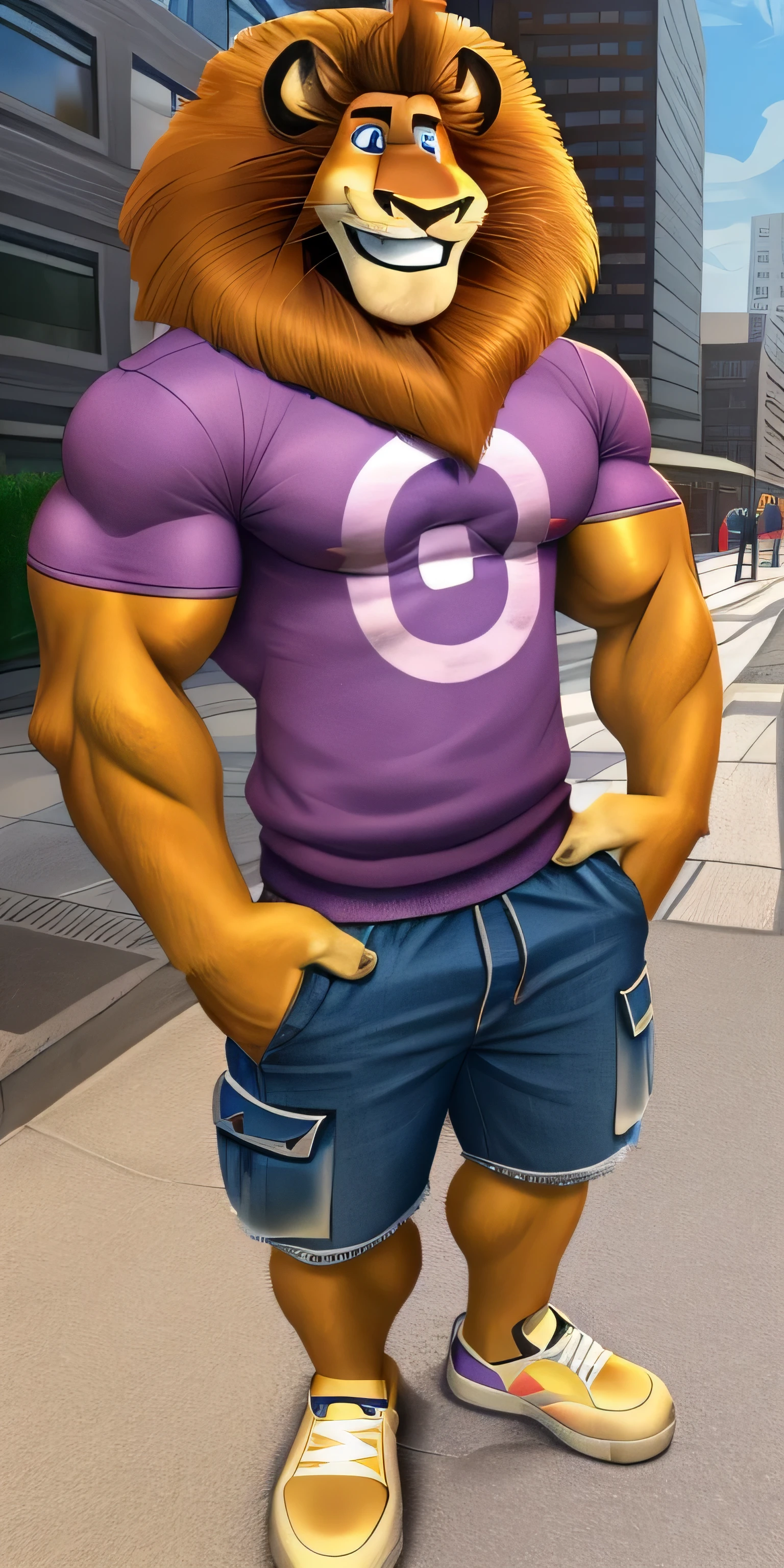 Alex the Lion, muscular body, big biceps, extremely beautiful and cute face, perfectly detailed blue eyes with perfectly detailed pupils, purple sweatshirt, denim cargo shorts, white sneakers, streets background, selfie, cute smile