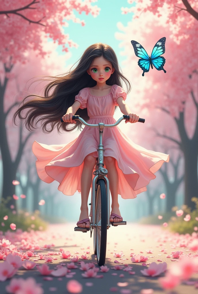 A 1 girl with strikingly beautiful appearance with big green emerald eyes with white porcelain skin with long black glossy hair floating around wearing light pink knee length frock riding a bicycle on road cover with cherry blossom trees with petals scattered around following a crystal blue butterfly