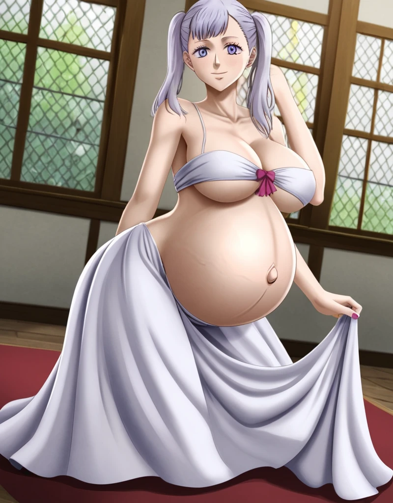 noelle_blackclover, Noelle Silva, Black Clover, long silver hair, waist-length hair, half-up half-down hairstyle, ribbon, side-parted bangs, almond-shaped blue eyes, high-quality, ultra-detailed, beast quality, 8K resolution,
looking at viewer, dutch angle, cowboy shot, smile, pregnant belly, large belly, big belly, big Breasts, belly button,
1girl,solo, indoors, happy, Smiling, rub belly,
full body, Nail polish,