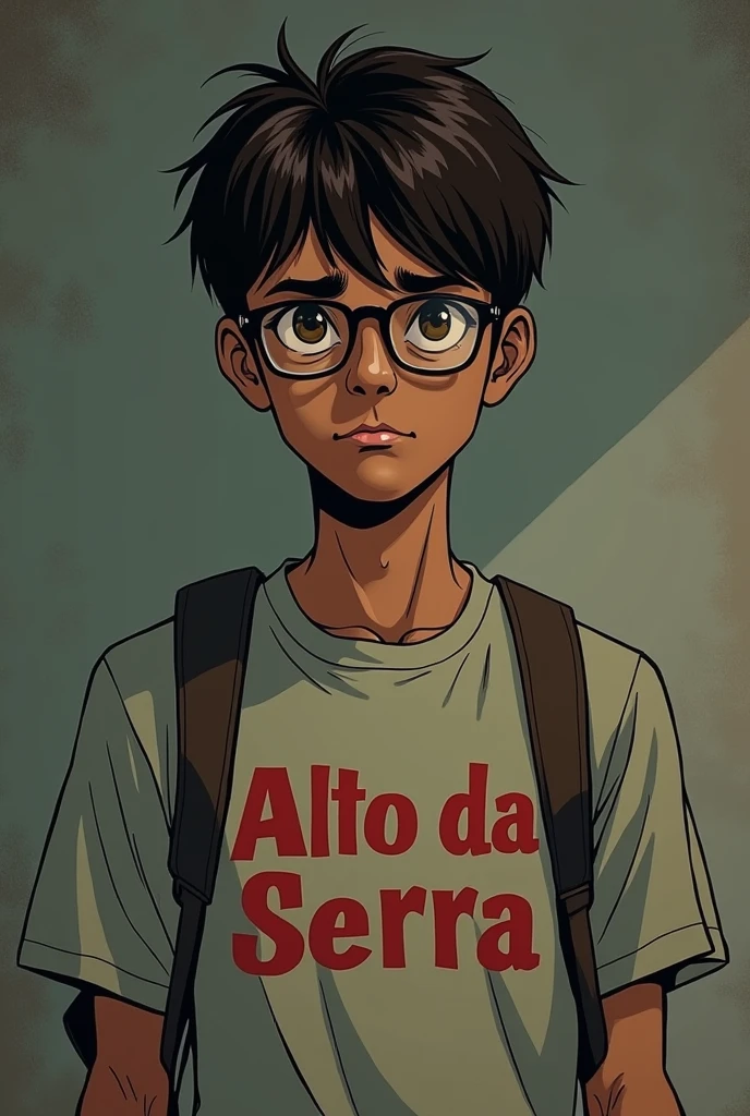 20-year-old brown man with a mysterious expression, older details on your face, half finished with a sleepy face always, medium dark brown hair, thin and sedentary wearing glasses and looking like a nerd, It has a kind of dark academia style, Full-body image, with a summer camp t-shirt that says Alto da Serra in red,no back ground, dc comic art style