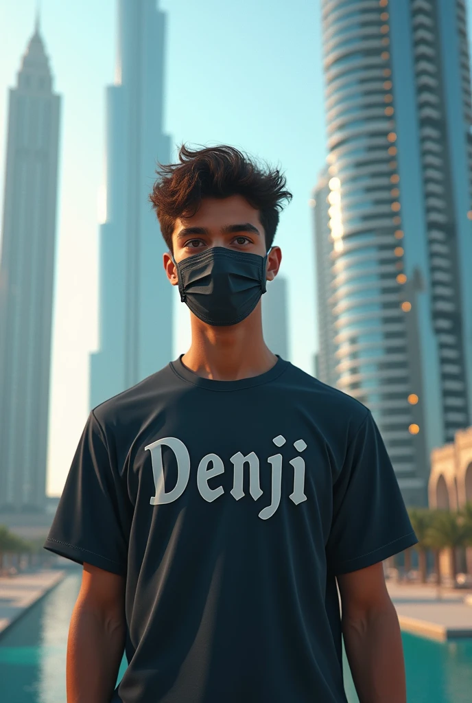 A 20-year-old young boy will stand in a beautiful place in Dubai and he will be wearing mask on face. His shirt will have DENJI written on it.