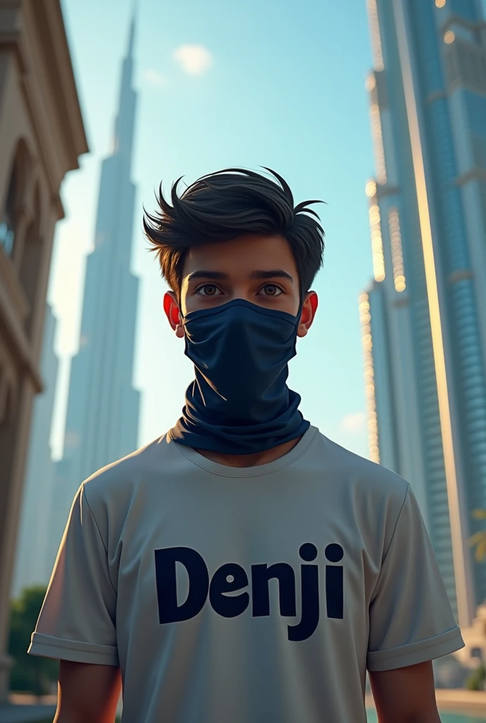 A 20-year-old young boy will stand in a beautiful place in Dubai and he will be wearing mask on face. His shirt will have DENJI written on it.