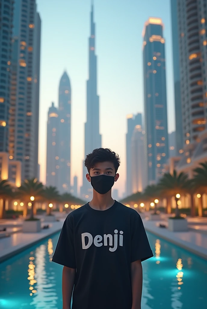 A 20-year-old young boy will stand in a beautiful place in Dubai and he will be wearing mask on face. His shirt will have DENJI written on it.
