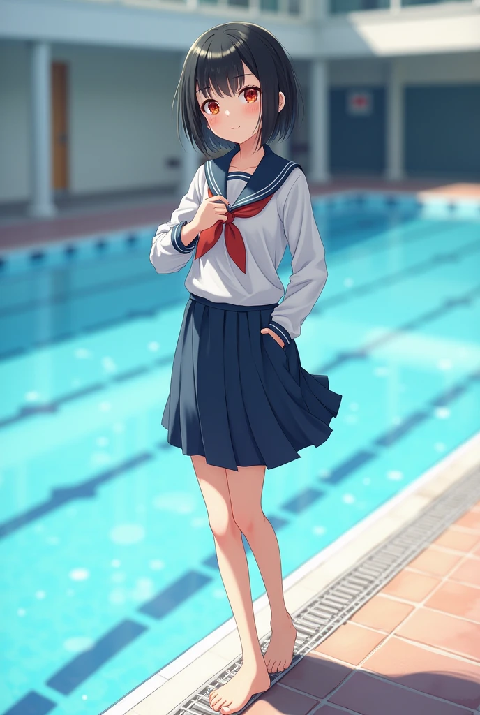 Standing by the empty school pool、high school girl、Black short hair、uniform、skirt,Deep red eyes、barefoot、Cool smile、Full body portrait