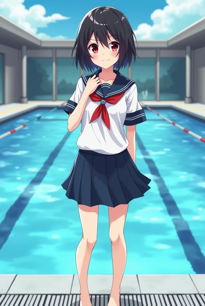 Standing by the empty school pool、high school girl、Black short hair、uniform、skirt,Deep red eyes、barefoot、Cool smile、Full body portrait