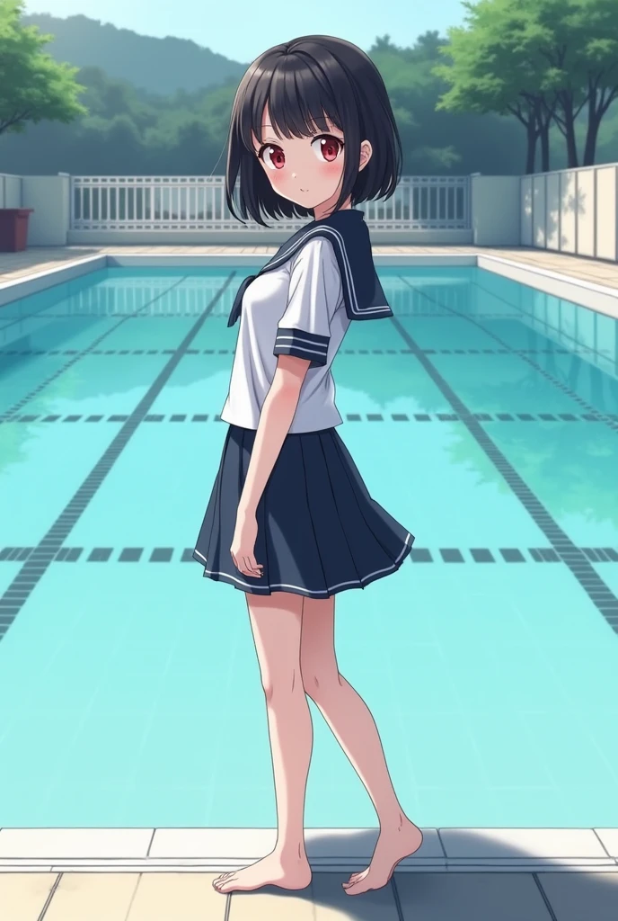 School swimming pool　 girl, 8 years old　Flat chk hair, long hair, purple eyes　White upper body, short-sleeved sailor uniform　Navy blue mini skirt and white panties （（I can see her panties）） barefoot　School swimming pool　I&#39;m in the pool. My whole body is wet.　My hair is wet and dripping　Bra is see-through　Dynamic angle Low angle