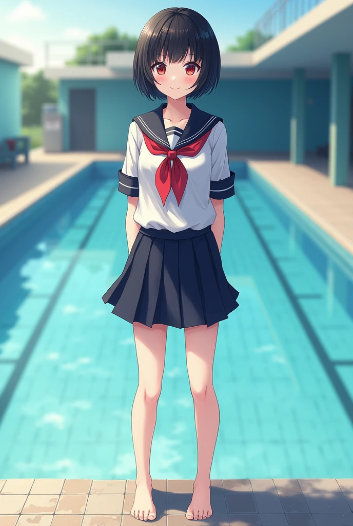 Standing by the empty school pool、middle School girls、Black short hair、Uniforms of the USSR、Shaved pussy、barefoot、cute、smile、Full body portrait