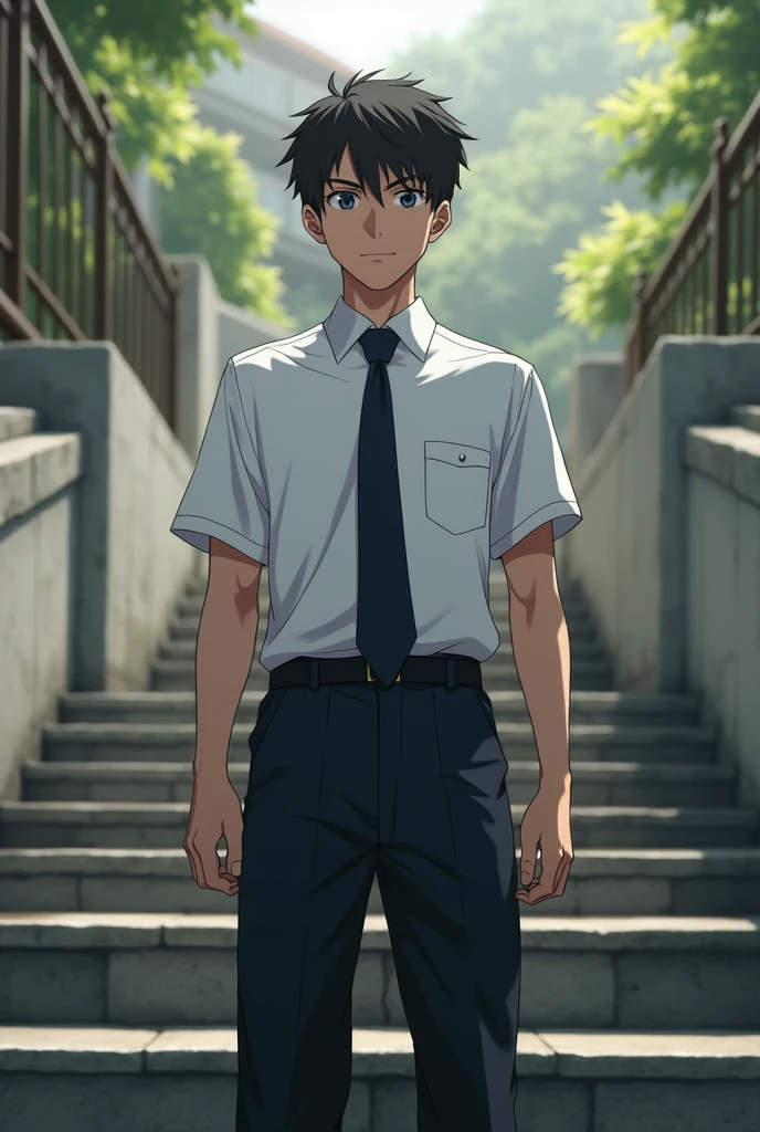 age man in uniform at school and on some stairs
