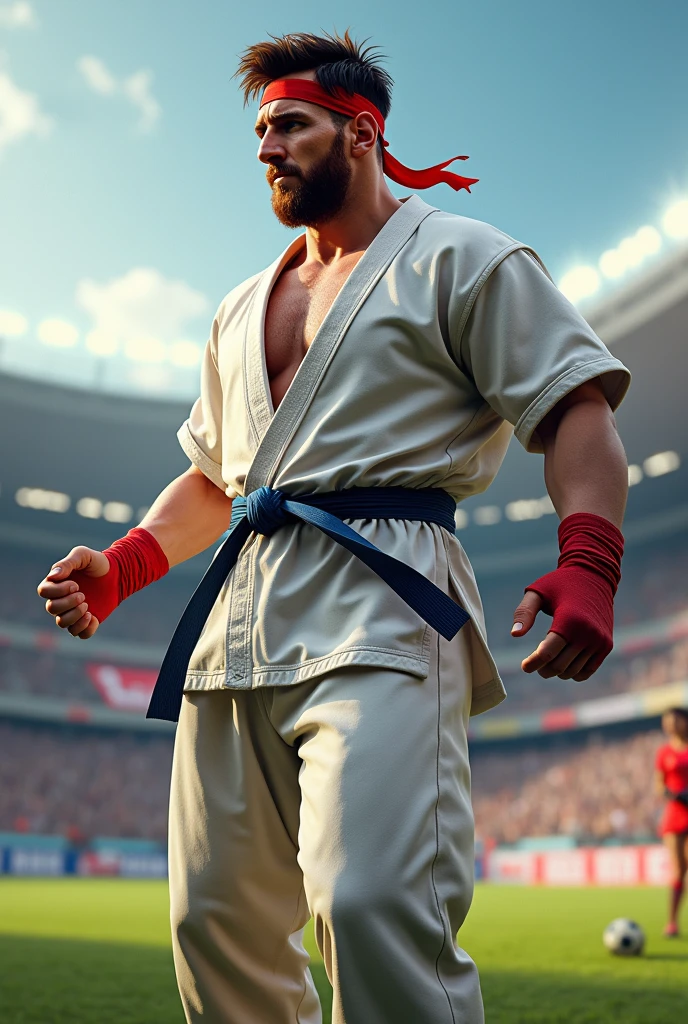 Make a fusion of Messi with Ryu from Street Fighter , replacing Barcelona&#39;s uniform with Ryu&#39;s