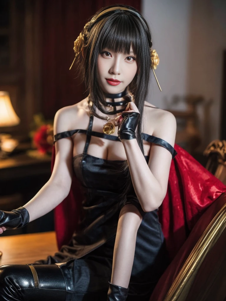 (Highest quality, 4K, masterpiece :1.3), Beautiful woman, Surreal, 1 person,),Ajolf, Side Lock,Short hair and long straight hair, Gold Hair Band, Gold earrings, Gold Hair Ornament, Big Breasts, Exposing shoulders, Black Dress, Double-sided dress with red rose cape, choker, Thigh-high boots, , Fingerless gloves, Thigh-high boots,Slender beauty, (Huge breasts, Attractive body :1.2), Abdominal exercises :1.1, Long black hair 1.1, Highly detailed face, Lip details, Beautiful Eyes, double eyelid, Sexy low neck dress, Open neckline, Twisting waist pose, Visible curves,Muscular, Bent legs, Yugal, masterpiece, Highest quality, High resolution, aaYugalf,Cowboy Shot, Are standing, Looking at the audience, Outdoor, night, (Perfect Anatomy:1.Big Ass, jewelry, Off the shoulder, Black Pantyhose, Cute Smile, Beautiful and bright lighting, Beautiful breasts,Place your hands behind your back,