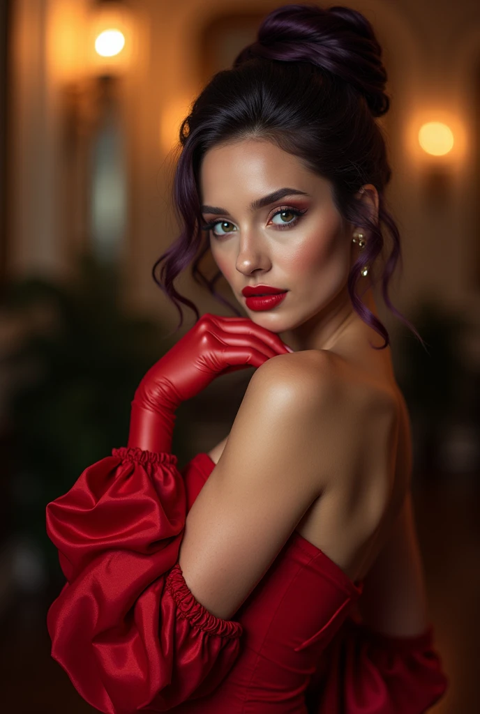 English woman,very white light skin,sparkling green eyes,dark purple party hairstyle hair,redgown,strong makeup,poses,night party show scenario,photoshot,cinema image,品質,full body images,detailed