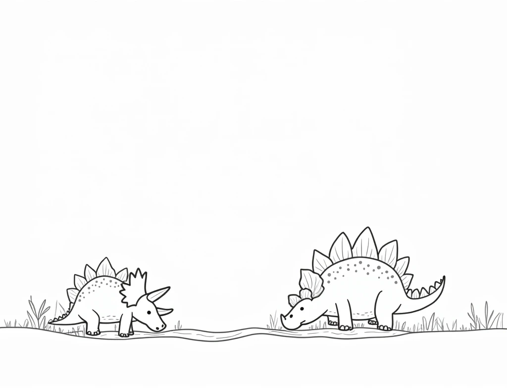Black and white coloring book, Adorable and minimalistic kids print of a Triceratops and Stegosaurus grazing peacefully by a river