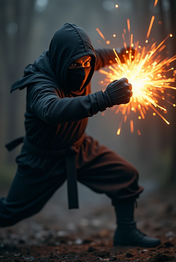 Man in ninja mask punching face from side 


