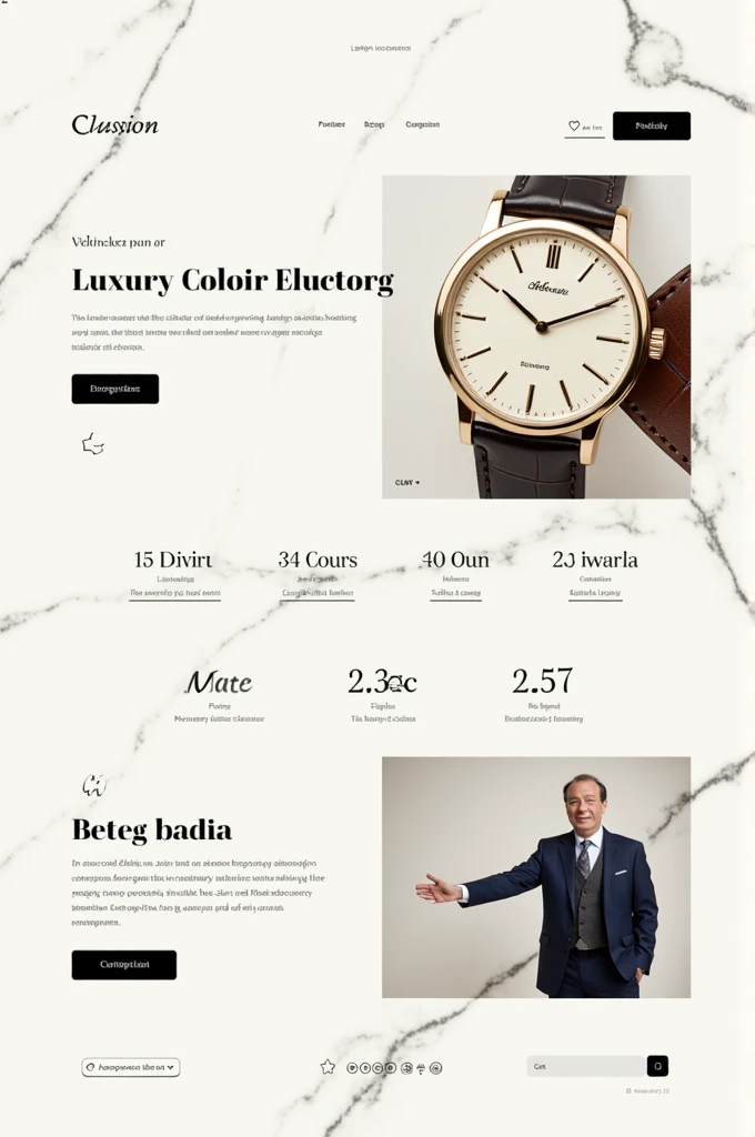 I am a UI UX Designer I want to design the hero page for luxury classical chain watches for old rich men. I want to design the sleek minimal hero page with vintage premium theme. Color scheme must me bright with major color white give me the picture which is professional use sleek header, descent menu and profile, account and other options etc