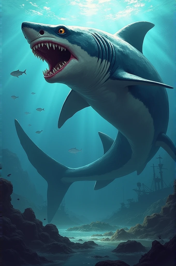 4 images of monster shark in animation 