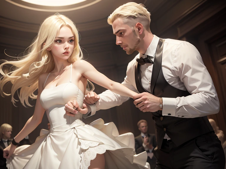 woman blonde with average hair of drees white with one knife in hands fight with man blonde