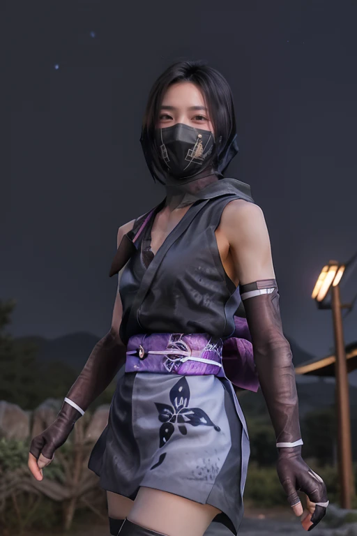 mosuNinja,Ninja,One person,alone,Are standing,Cowboy Shot,Black Hair,Brown eyes,Hair on one eye,eye shadow,purple eye shadow,chest,small chest,Exposing shoulders,mask,mouth mask,Covered my mouth,Ninja mask,kimono,kimono,short kimono,heart,elbow gloves,fingerless gloves,gloves,Food,skirt,Sandals,socks,Black legwear,Toes,Thigh straps,forest,wood,(night:1.3),(night sky:1.3),