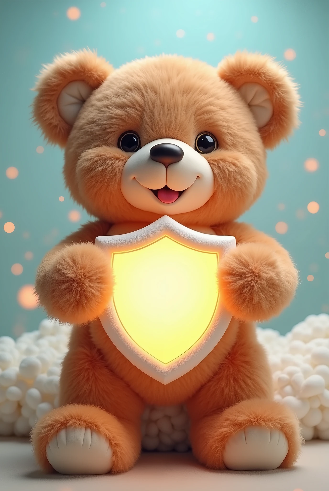 Imagine a giant, charismatic teddy bear, called "Teddy Shield". He displays a warm and welcoming smile, with big, expressive eyes that convey security and affection. Teddy holds a glowing protective shield, which symbolizes the anti-allergic and anti-fungal properties of the products "Premium Plush Toys". Bear fur is incredibly soft and plush, with soft shades of brown and beige that highlight the premium quality of the product. Around Teddy, there is a slight magical glow, suggesting protection and comfort. The soft lighting of the scene should highlight the textures of the fur and the details of the shield.. The pastel color palette, including baby blue and pearly white, reinforces the feeling of comfort and security. The bear is in a friendly pose, with open arms, as if ready for a hug, with a warm and welcoming expression.
Camera: 50mm lens, aperture f/1.8 for soft focus on the bear, slightly blurred background to highlight the character.