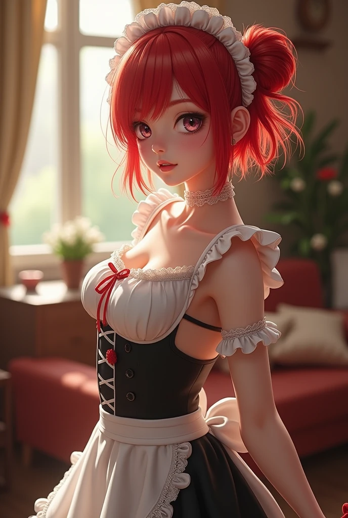 Short ta good figure big H-cup maid cosplay red and white hair
