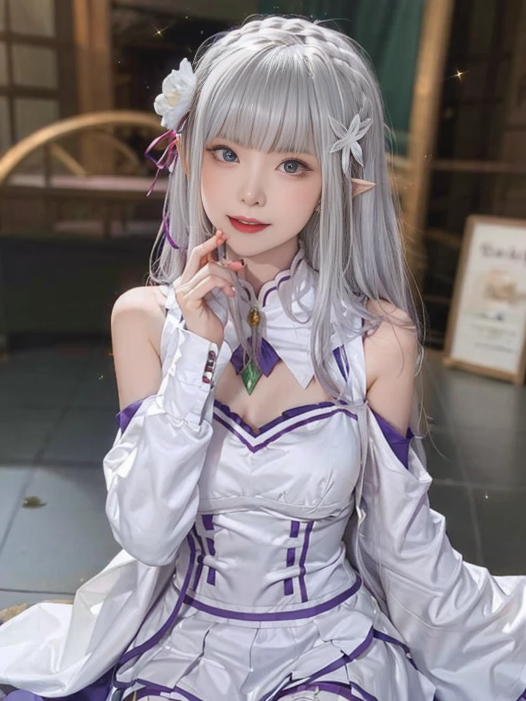 Highest quality、High resolution、Ultra-detailed、8k, Emilia、Emilia Masterpiece、Highest quality, In the castle courtyard, Bans, Clothes are white, 長いsleevemouth, just_shoulder, dull_前hair, Blurred, Blurred_background, Blurred_prospect, blush, Braid, big breats,sexy body,chestout, chestの谷間, Closed_mouth, cloud, crown_Braiding, Tag, depth_In_Field, independent_sleeve, dress, Emilia_\(Again:Stay Night\), eyebrows_appear_Through_hair, flower柄, Precious stones, hair_flower, hair_Decorations have been removed, hair_ribbon, lens_Flare, length_hair, look up_in_Audience, low_length_hair, Moderate_chest, One_eye_Closed, Plein Air, Pleats_skirt, Spiky_ear, purple_eye, purple_ribbon, ribbon, Silver_hair, skirtの, null, Laughter, solo, very_length_hair, white_flower