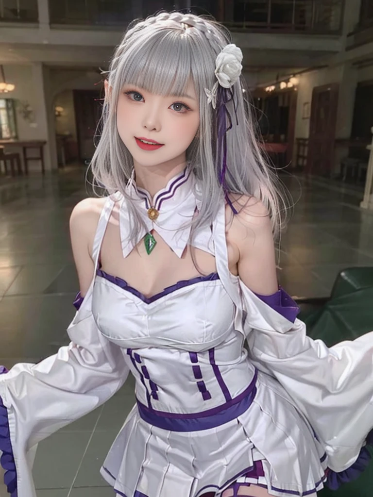 Highest quality、High resolution、Ultra-detailed、8k, Emilia、Emilia Masterpiece、Highest quality, In the castle courtyard, Bans, Clothes are white, 長いsleevemouth, just_shoulder, dull_前hair, Blurred, Blurred_background, Blurred_prospect, blush, Braid, big breats,sexy body,chestout, chestの谷間, Closed_mouth, cloud, crown_Braiding, Tag, depth_In_Field, independent_sleeve, dress, Emilia_\(Again:Stay Night\), eyebrows_appear_Through_hair, flower柄, Precious stones, hair_flower, hair_Decorations have been removed, hair_ribbon, lens_Flare, length_hair, look up_in_Audience, low_length_hair, Moderate_chest, One_eye_Closed, Plein Air, Pleats_skirt, Spiky_ear, purple_eye, purple_ribbon, ribbon, Silver_hair, skirtの, null, Laughter, solo, very_length_hair, white_flower