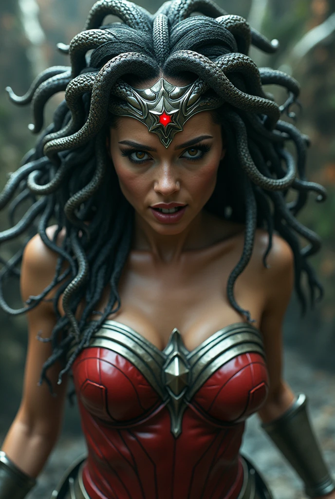 Extreme close-up Wonder Woman zombie Silver metal diaema totally disfigured face Long silver metal bracelets Red boots Zombie eyes The Walking Dead