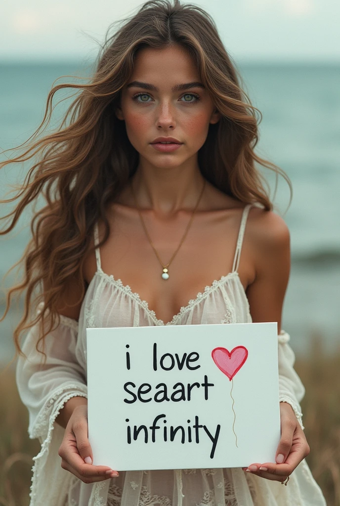 Beautiful girl with wavy long hair, bohemian dress, holding a white board with text "I Love Seaart Infinity" and showing it to the viewer