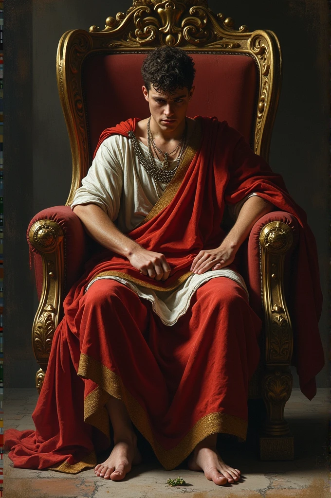 The sad expression of Romulus Augustulus with an annoyed or distressed look, or the scene of an emperor abdicating his throne.