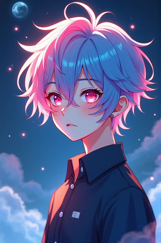 Cute anime boy, pink and blue hair, cool, early 20s, associated with the moon