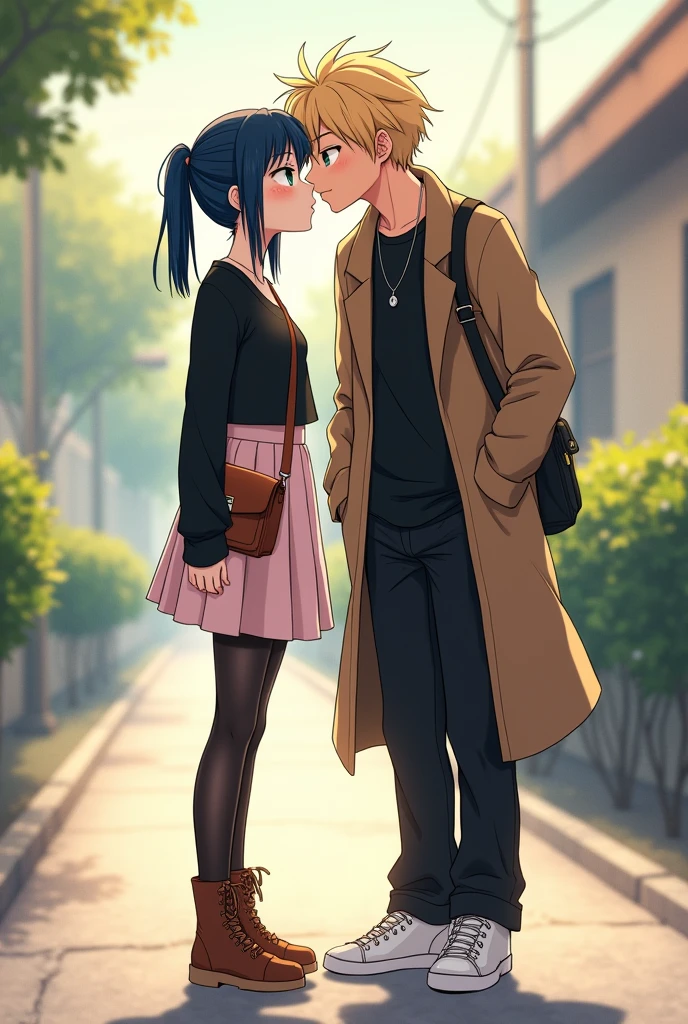 Tall age girl with navy blue hair tied in two low pigtails, green eyes, pale skin with freckles on the face, usa una black long sleeve t-shirt y cuello v, silver pendant, pale pink skirt, black stockings brown boots,a light brown cardigan sweater and light brown crossbody bag kissing tall teenboy with messy blonde hair, black long sleeve t-shirt, somewhat baggy black pants, white tennis shoes and dark brown coat, anime style