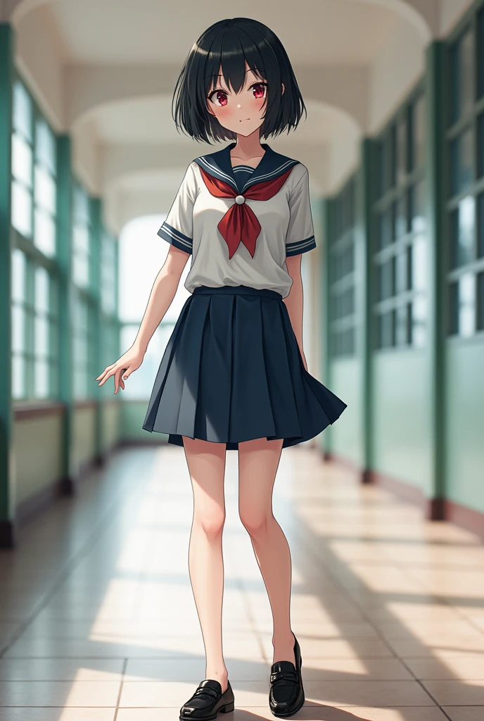 Standing by an empty school、high school girl、Black short hair、uniform、skirt,Deep red eyes、barefoot、Cool smile、Full body portrait,Black Loafers